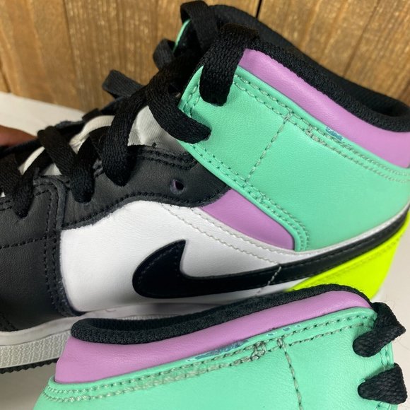 Jordan 1 Mid Pastel Black Toe Womens 6.5 Girls 5Y Green Purple Athletic Shoes - Picture 7 of 11